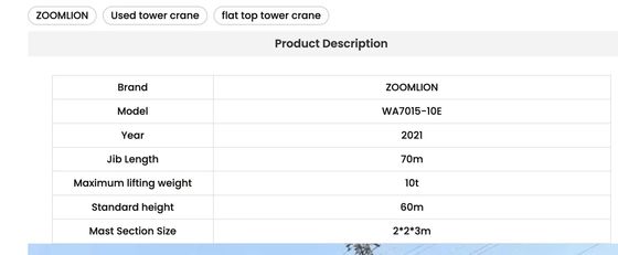 Zoomlion Wa7015-10e Low Energy Consumption Tower Crane Foldable Modular Design Model