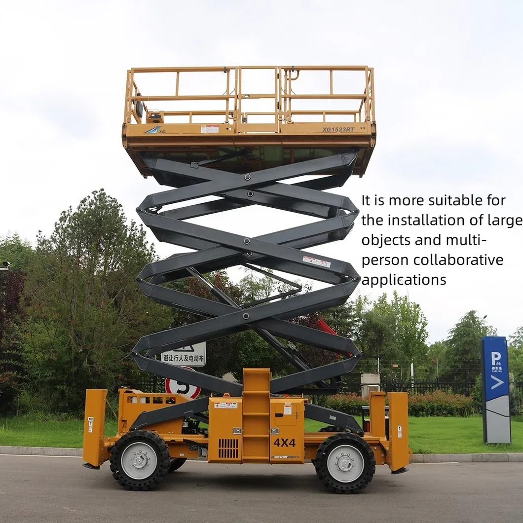 Construction Equipment 15m Diesel Rough Terrain Lifting Platform Xg1523rt Mini Hydraulic Aerial Work Platform Mobile Scissor Lift Table Platform for Sale 1