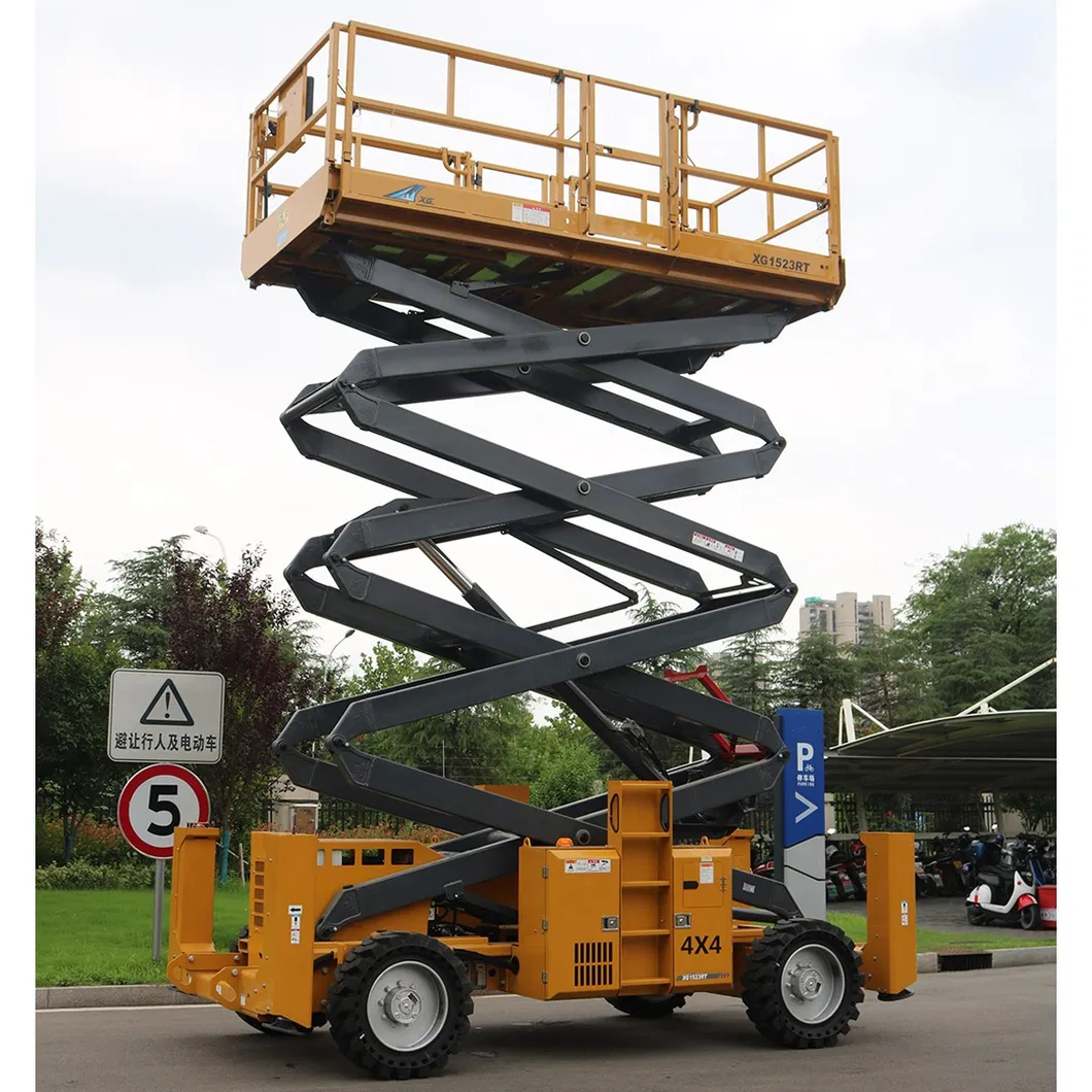 Construction Equipment 15m Diesel Rough Terrain Lifting Platform Xg1523rt Mini Hydraulic Aerial Work Platform Mobile Scissor Lift Table Platform for Sale 2